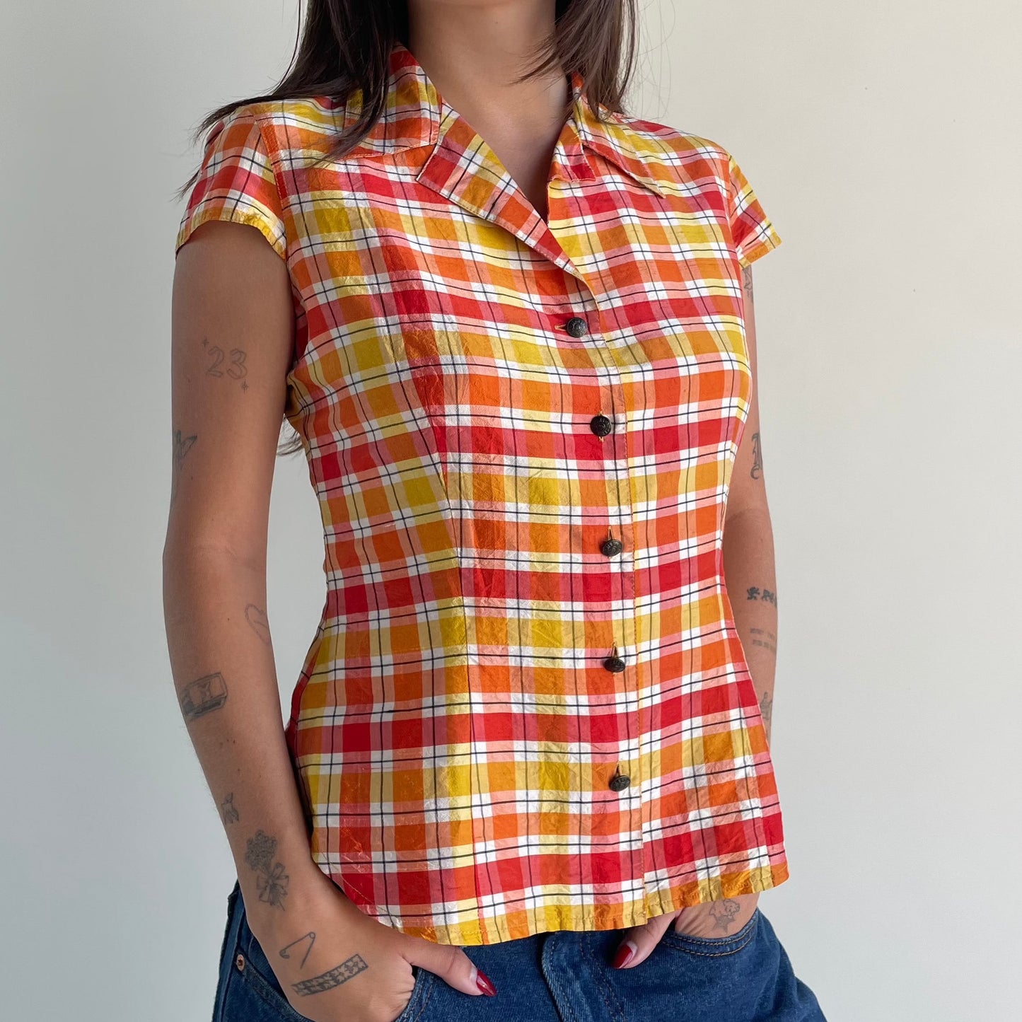 moschino plaid silk blouse