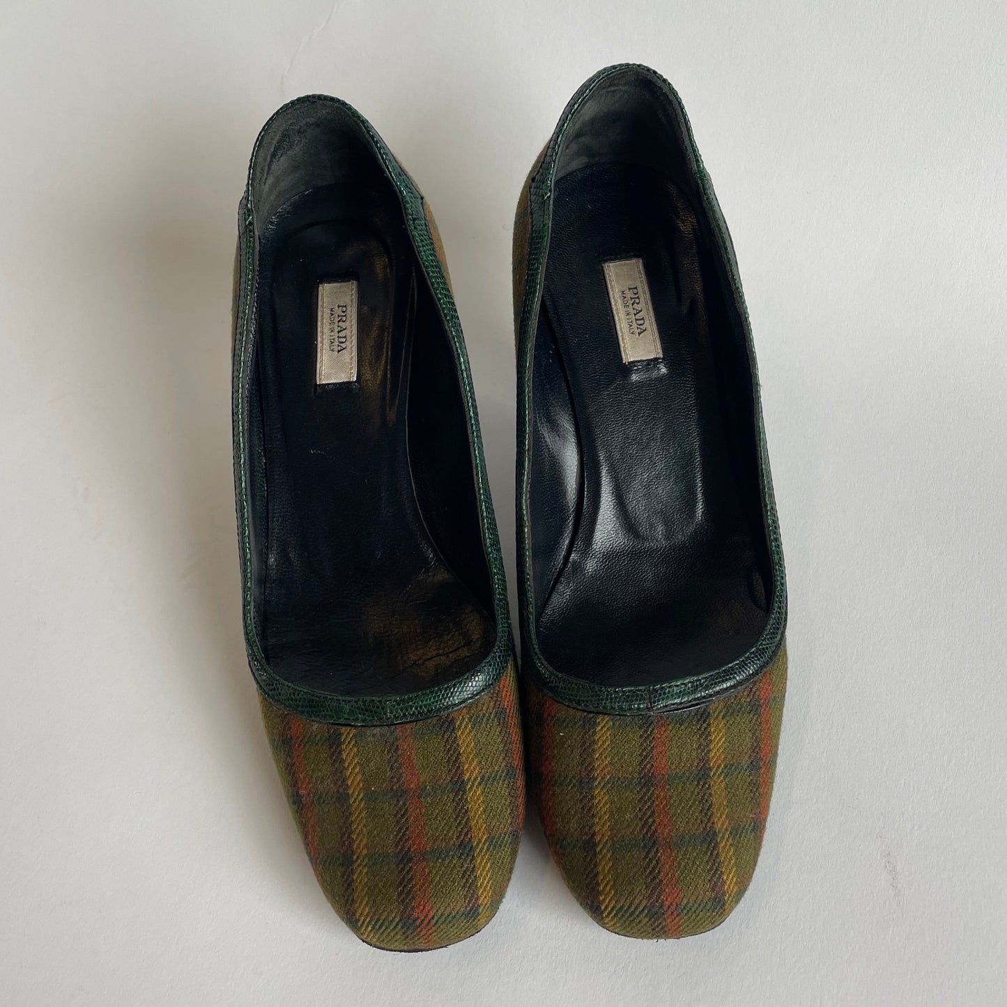 plaid wool prada heels