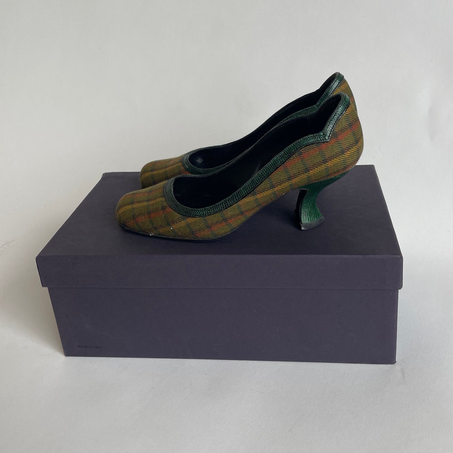 plaid wool prada heels