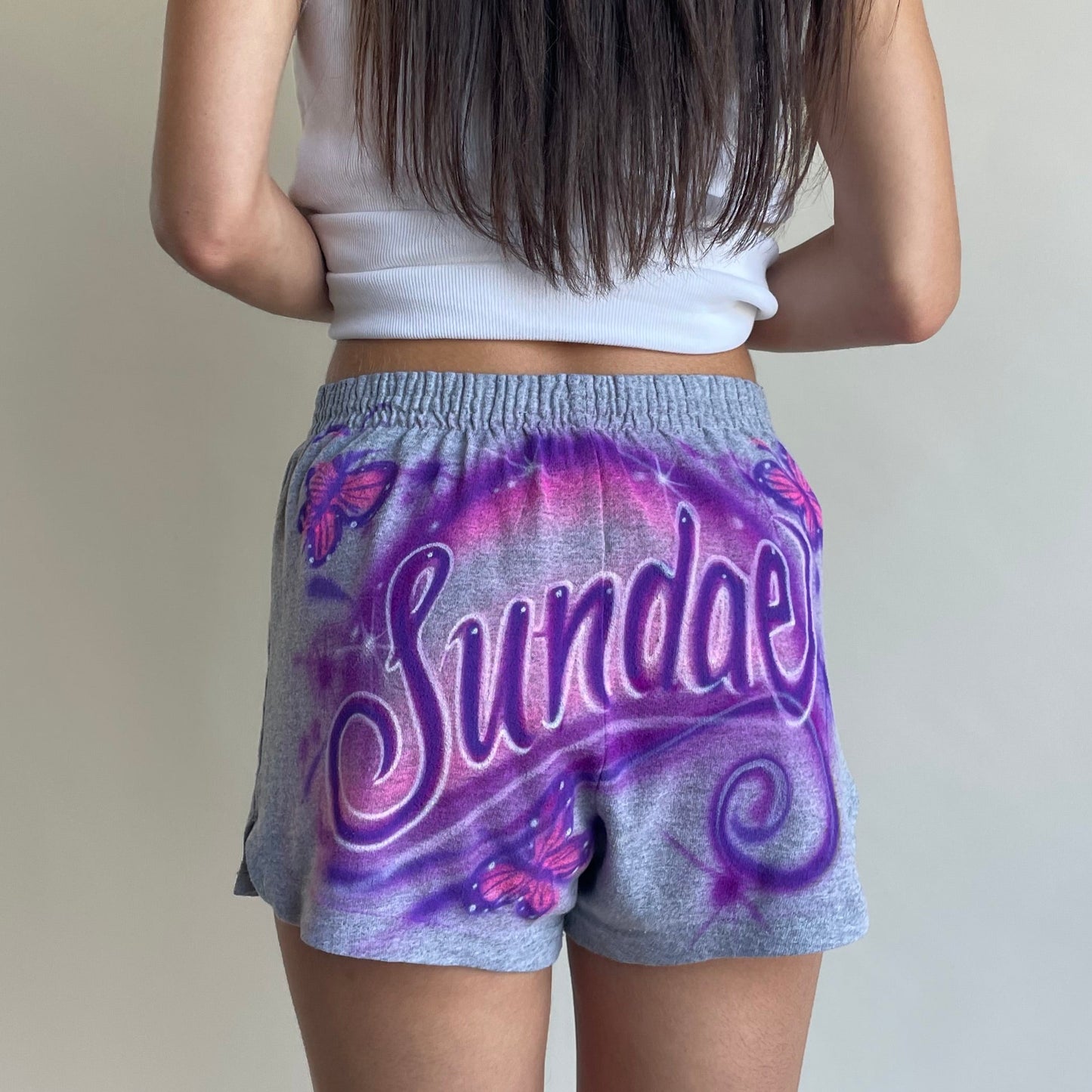 airbrushed grey butterfly shorts